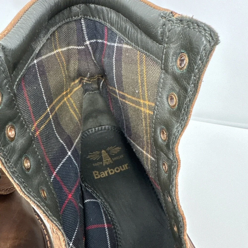 Barbour Mens Size 10 Chucka Boots Leather Canvas Tartan Brown Green Lace Up